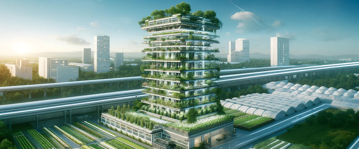 imagen fotorealista de una torre con jardines verticales en la fachada y huertos alrededor